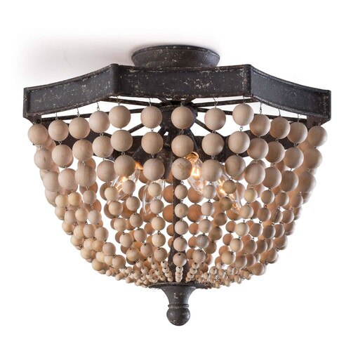 Brown flush mount light with wooden beads and rustic base